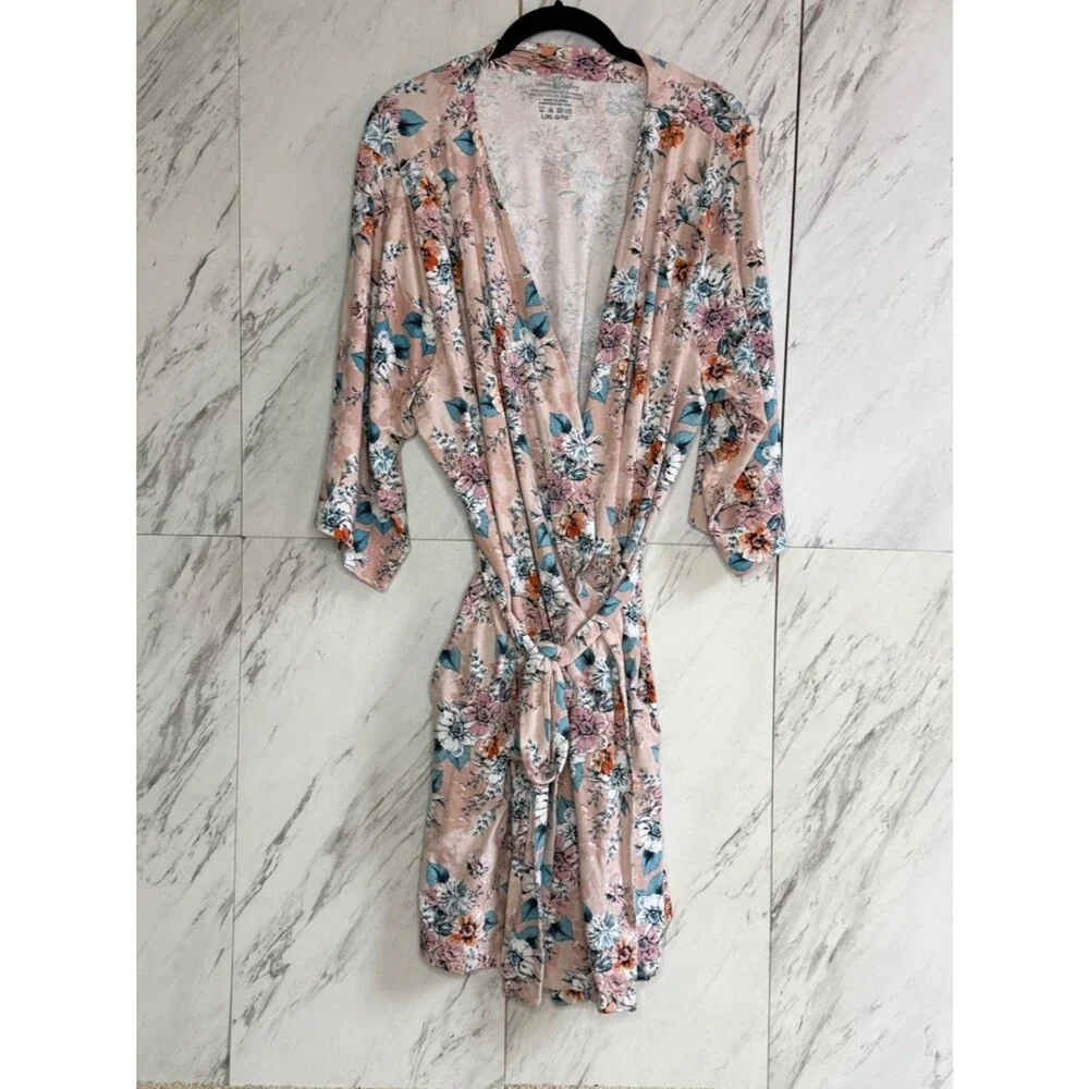 Vera Bradley Pink Floral Cotton Stretch Wrap Tie Lounge Robe Size L XL